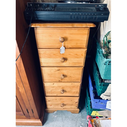 156 - 5 drawer tall pine chest of drawers, 44''h x 18''w