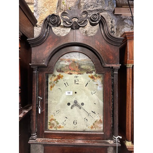 188 - Georgian oak cased inlaid grandfather clock with hand painted face depicting sea shells, 84''x 19''w... 