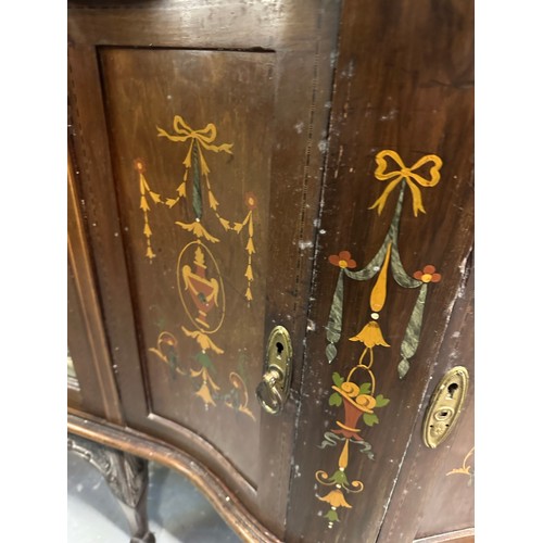 190 - Magnificent four door inlaid and hand painted mirror back display cabinet with profusely carved arch... 