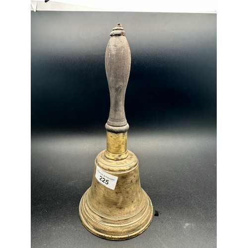 225 - Heavy old brass school bell with oak handle (af), 12''h