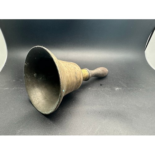 225 - Heavy old brass school bell with oak handle (af), 12''h