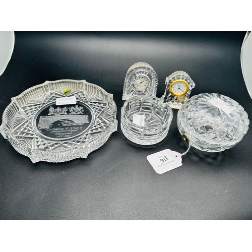 116 - 5 pieces of Waterford Crystal including 2 clocks and 50th Anniversary of Waterford Factory dish