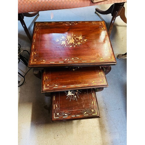 268 - Beautiful set of 3 brass inlaid heavy mahogany nest of tables, 19''d x 26''w x 22''h