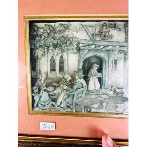 213 - A pair of unusual gilt framed pictures signed Anton Pieck - The Toy Shop and The Queens Head. Also s... 