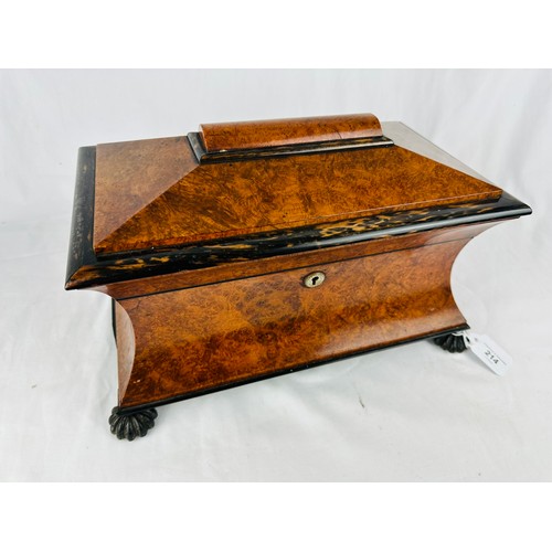 214 - Magnificent Georgian burr walnut tea caddy with a pyramid top and brass hinges. Inside are a pair of... 