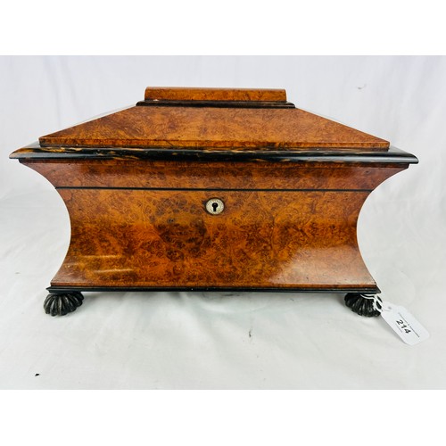 214 - Magnificent Georgian burr walnut tea caddy with a pyramid top and brass hinges. Inside are a pair of... 