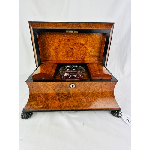 214 - Magnificent Georgian burr walnut tea caddy with a pyramid top and brass hinges. Inside are a pair of... 