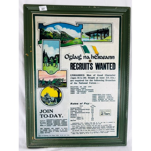 221 - large Oglaig na hEireann recruitment poster framed. From Longford Barracks, 22'' x 30''. circa 1920'... 