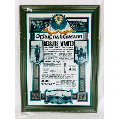 222 - large Oglaig na hEireann recruitment poster framed. From Longford Barracks, 22'' x 30''. circa 1920'... 