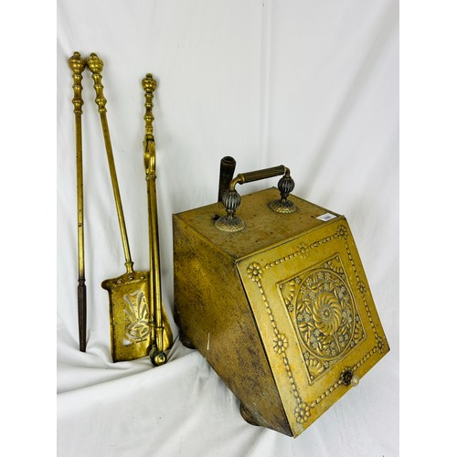 228 - Victorian brass coal scuttle complete with shovel and a set of 3 antique fire irons