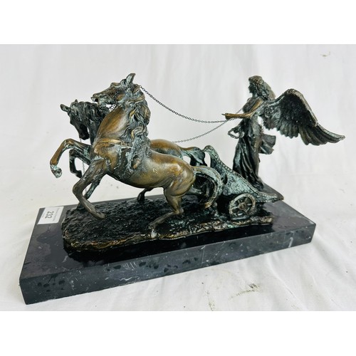 232 - Magnificent bronze sculpture of a horse drawn chariot on a marble base, 12'' x 7''