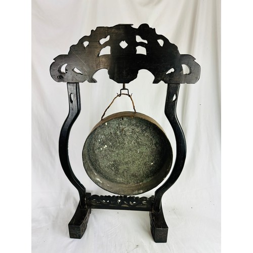 233 - Superb oriental large solid wood gong with a brass hanging drum. heavily carved. 19'' x 32''