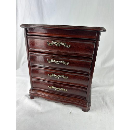 266 - 4 drawer mahogany jewelry box and contents, 9''w x 10''h