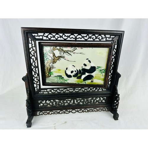 274 - Intricate hand made Oriental screen with embroidery of 2 pandas 16''w x 15''h, 2 sided