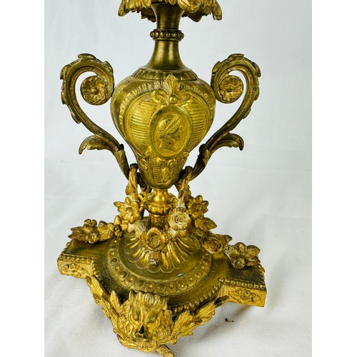 280 - A pair of French 19th century ormolu gilded three branch candelabras, 15''h