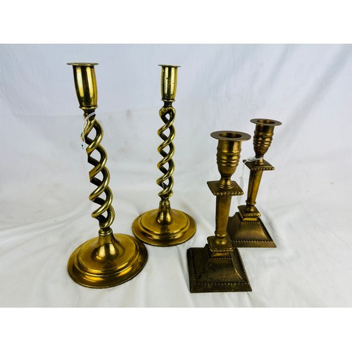 24 - 2 pairs of Victorian brass candle sticks, 12'' and 9''h