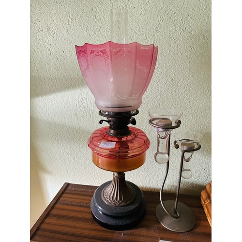 76 - Victorian oil lamp with ruby red bowl and shade, 23''h