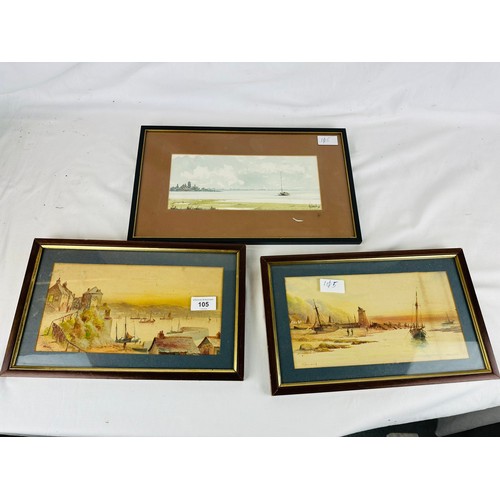 105 - A collection of 3 vintage watercolors, signed and framed 13'' x 7'5''