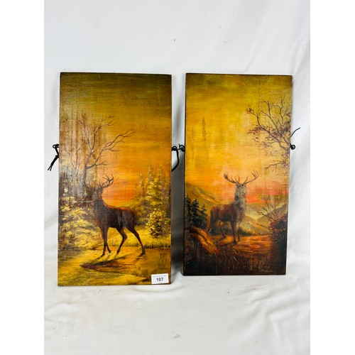 107 - A pair of oil on boards, 10'' x 19'' Stags