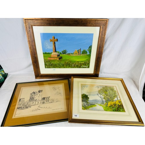 109 - A collection of 2 watercolors, signed and framed and a print of Knapogue Castle, Co. Clare