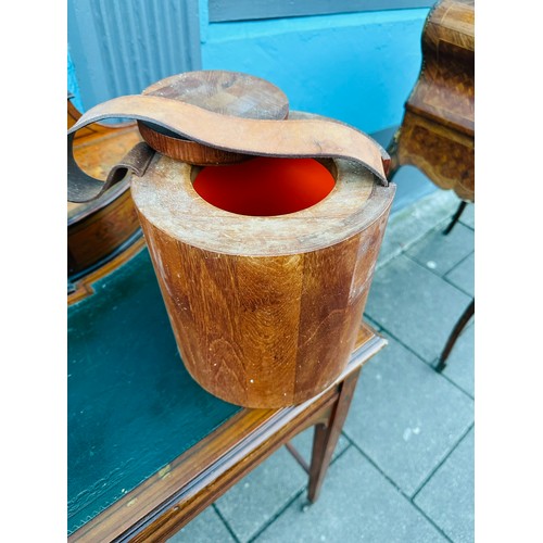 130I - Unusual wooden ice bucket with lid and leather handle