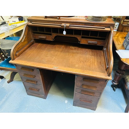 119 - Mid century, oak Roll top desk complete with key, 48''w x 34''d x 46''h