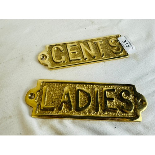 313 - LADIES & GENTS BRASS TOILET DOOR SIGNS X2 H6CM W18CM