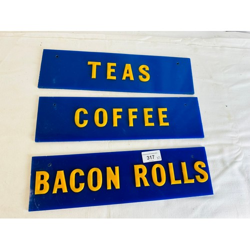 317 - OLD THREE DIMENSIONAL BACON ROLLS, TEA AND COFFEE OLD SELF
SIGNS H10CM W35CM D