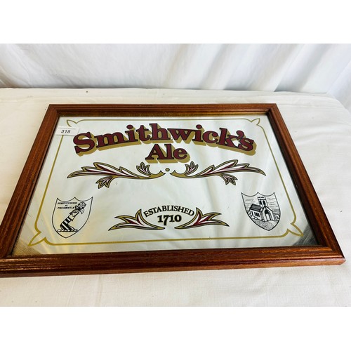 318 - OLD SMITHWICKS ALE ESTABLISH 1710 MIRROR IN AN OAK FRAME H32CM W45