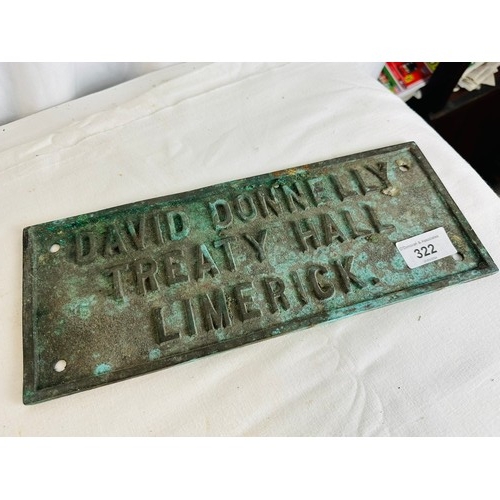 322 - OLD BRONZE WALL PLAQUE TREATY HALL LIMERICK H12CM W31CM