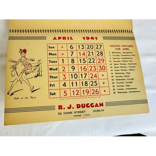 362 - OLD RJ DUGGAN, 32 DAME STREET DUBLIN, RACING PICTORIAL CALENDAR 1941 19CM X 27CM