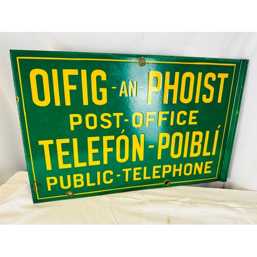 232 - ORIGINAL DOUBLE SIDED BILINGUAL 'OIFIG AN PHOIST' 'TELEFON POIBILT' ENAMEL SIGN, THIS SIGN IS IN MIN... 