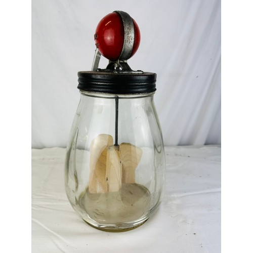 127A - BLOW TABLE TOP GLASS MILK CHURN WITH TIMBER PADDLES, CIRCA 1950'S