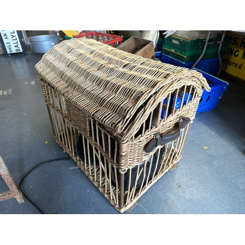 108 - OLD IRISH TRAIN HANDMADE CHICKEN COOP WITH
LEATHER STRAPS AND BRASS FITTINGS H60CM
W65CM D48CM