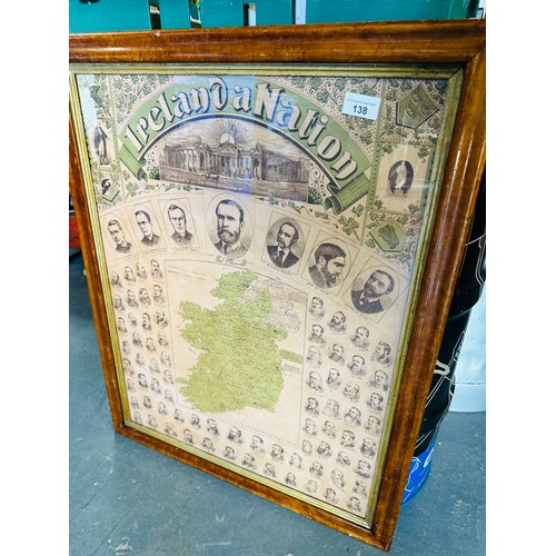 138 - OLD IRELAND A NATION PARNELLS PICTORIAL
POSTER HOUSED IN MABLE FRAME PRE 1900 H75CM
W60CM