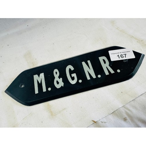 167 - MIDLANDS & GREAT NORTHERN RAILWAYS REVERSE
PAINTED GLASS RAILWAY CARRIAGE SIGN H7CM
W25CM