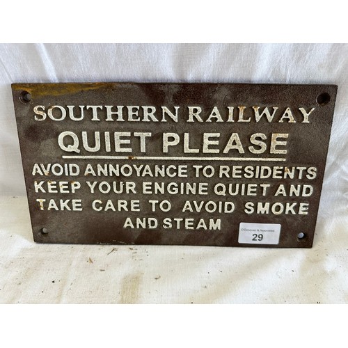 29 - SOUTHERN RAILWAYS QUIET PLEASE CAST IRON
WALL MOUNTED SIGN H15CM W28CM