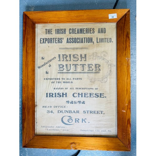 36 - IRISH BUTTER AND IRISH CHEESE CORK ADVERTISING POSTER 69CM H X 53 CM W