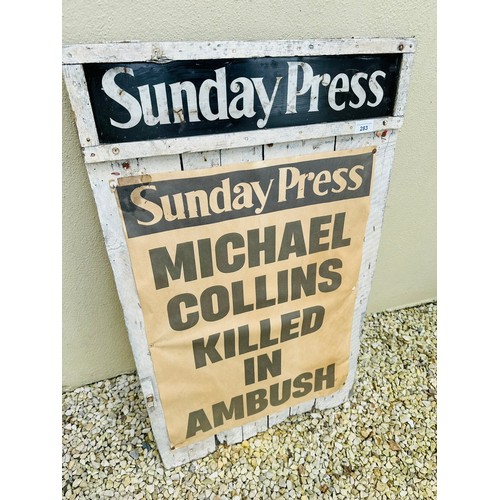 284 - OLD SUNDAY PRESS NEWS STAND ADVERTISEMENT BOARD WITH POSTER, 91CM H X 56CM W