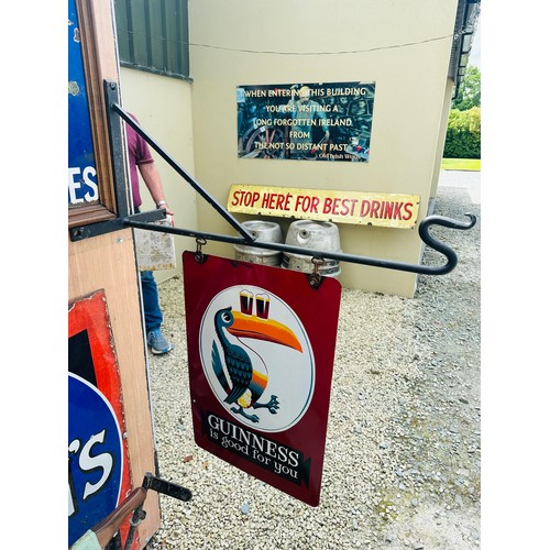 322 - DOUBLE SIDED GUINNESS TOUCAN ENAMEL SIGN, MADE BY CURRANS OF CLONMEL, CIRCA 1930'S ON STEEL WALL BRA... 