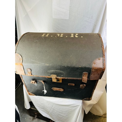 97 - VINTAGE ROLL OVER TRUNK 'H.M.R.' WITH REMOVABLE SHELF INSIDE, 18''D X 21''H X 24''W