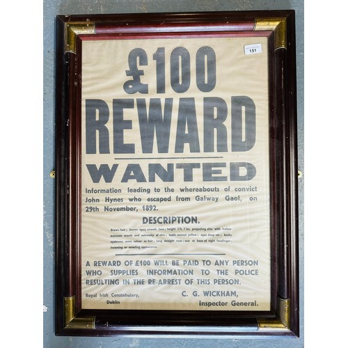 151 - JOHN HYNES £100 POUND REWARD WANTED POSTER 77CM H X 56 CM W