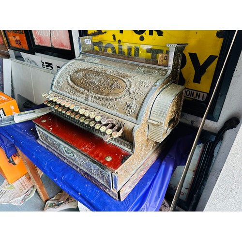 157 - VINTAGE CAST IRON DECORATIVE NATIONAL CASH REGISTER 20'' X 17'' X 17'', CIRCA 1920'S