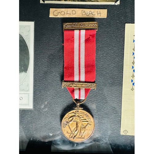 225 - ORIGINAL WORLD WAR TWO MEDAL WITH
MEMORABILIA HOUSED IN ORIGINAL FRAME H37CM
W32CM