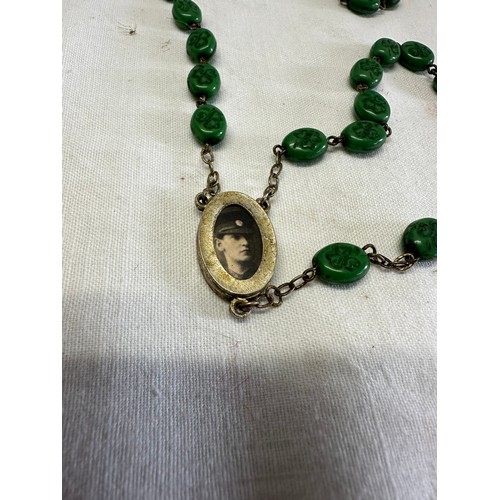 230 - MICHAEL COLLINS SHAMROCK MOTIF MEMORIAL
ROSARY BEADS WITH SOUVENIR PHOTOGRAPH