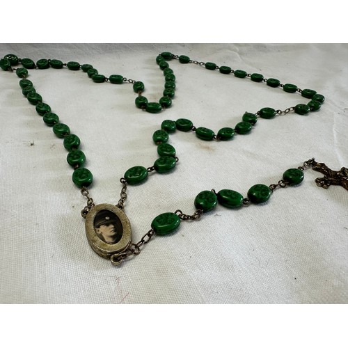 230 - MICHAEL COLLINS SHAMROCK MOTIF MEMORIAL
ROSARY BEADS WITH SOUVENIR PHOTOGRAPH