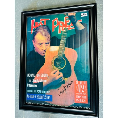 291A - ORIGINAL HOT PRESS 18TH JUNE 1987 SIGNED BY
CHRISTY MOORE H58CM W50CM WITH TWO
PHOTOGRAPHS ON CANVAS... 