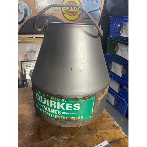 25 - VINTAGE MILKING MACHINE BUCKET WITH LABEL FOR QUIRKES NEWCASTLEWEST