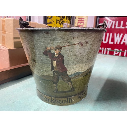 106 - OLD HAND PAINTED DISPLAY HANGING BUCKET
DEPICKETING GOLFER
“BLACK HEAT 1853” H46CM W30CM