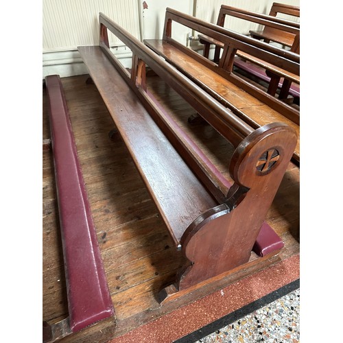 234 - Magnificent set of 5 pitch pine church pews with carved ends and with leather cushioned kneelers, 10... 